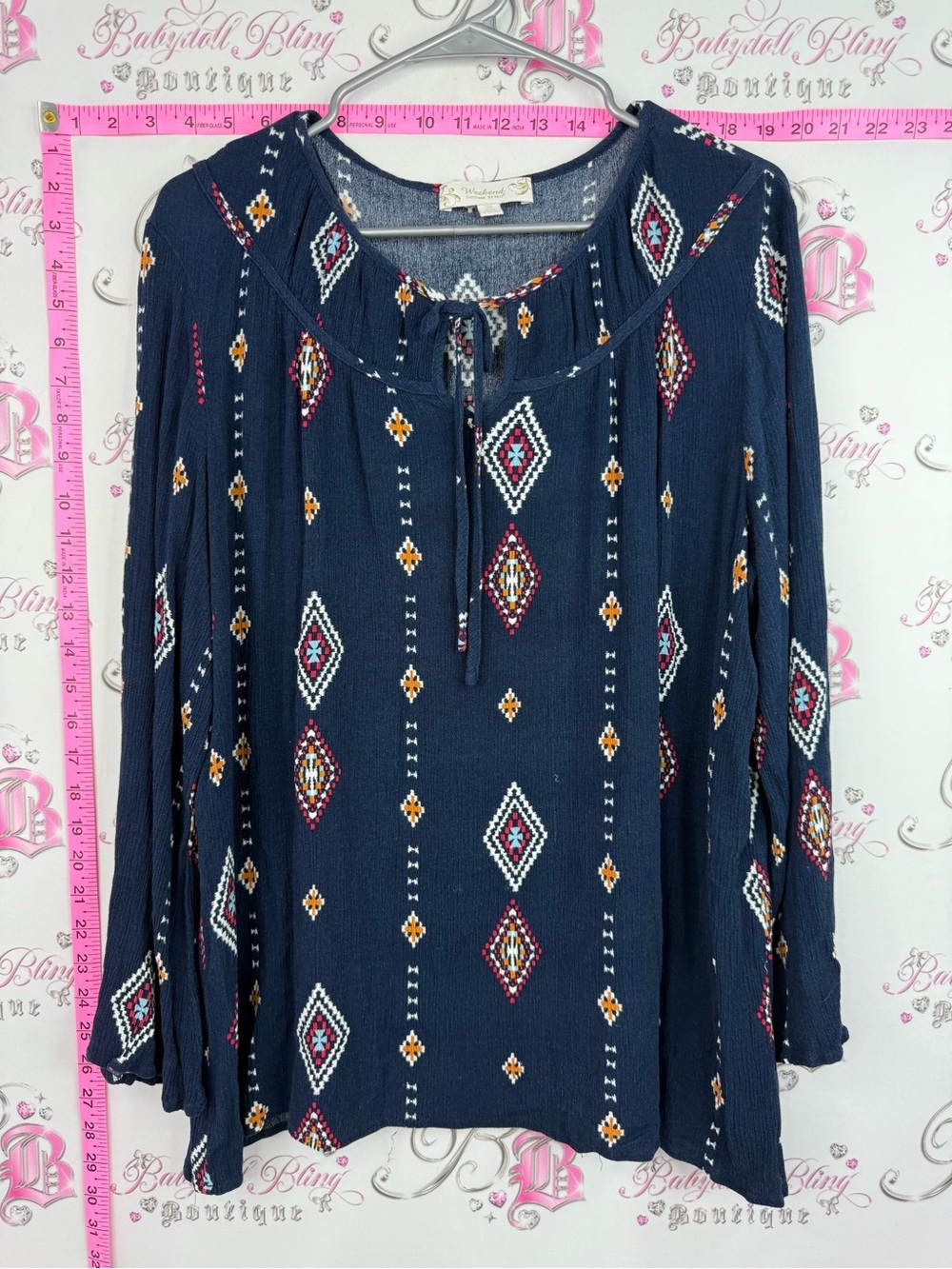 Weekend top blouse Navy Diamond-Print Tie-Neck Peasant Blouse